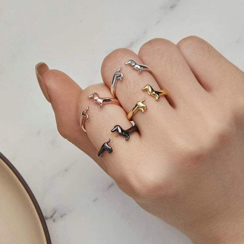 925 Sterling Silver Dachshund Open Rings Cute Adjustable Wiener Dog Rings