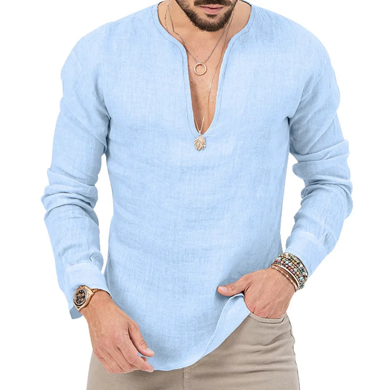 RNSHANGER New Men's Spring Shirts Casual Deep V-Neck Solid Color Thin Breathable Man Shirts Streetwear Large  Size 3XL Shirt