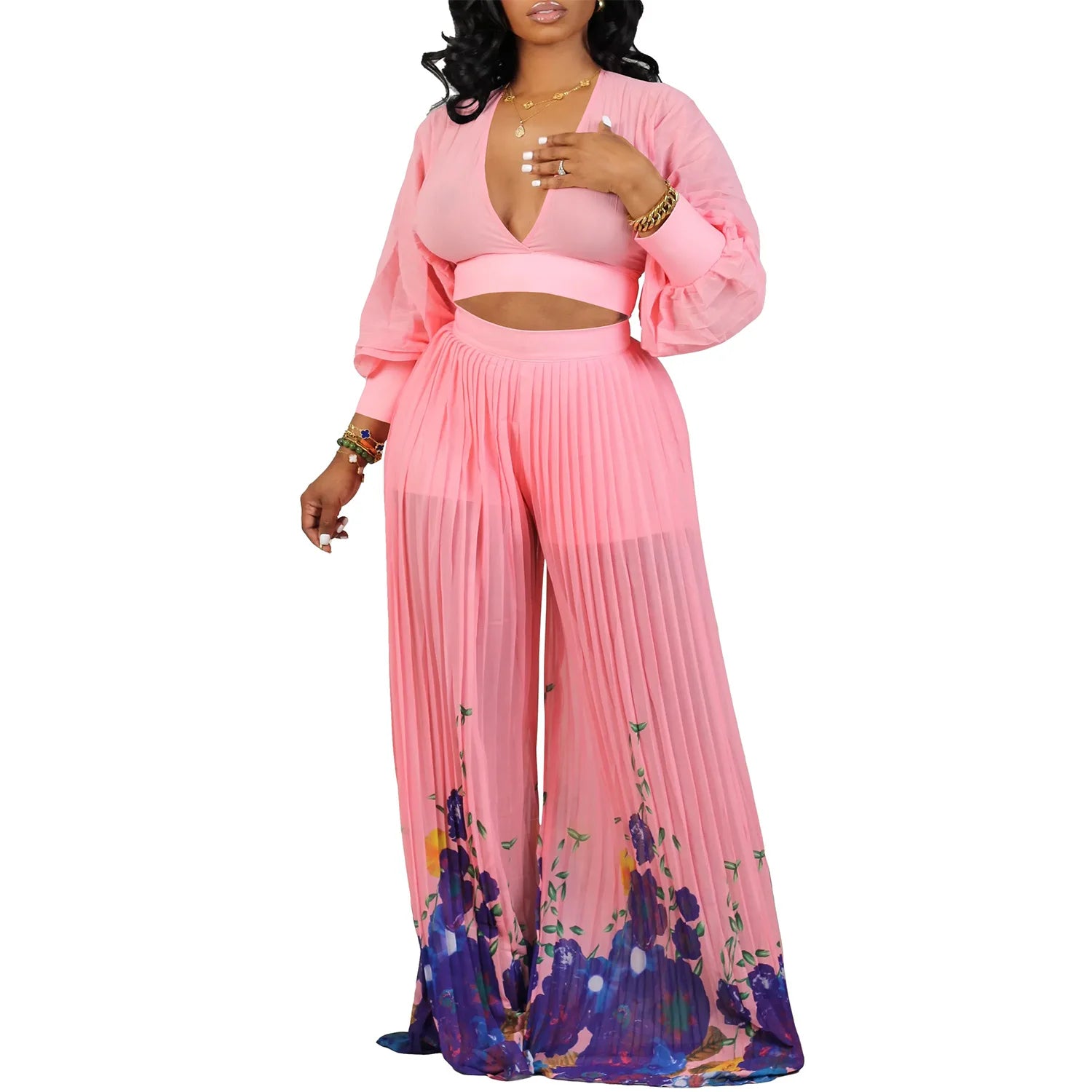 Fashion Two Piece Set Women Clothing Chiffon V-neck Printed Pant Suits Wide Leg Pants Women's Two-piece Suit
