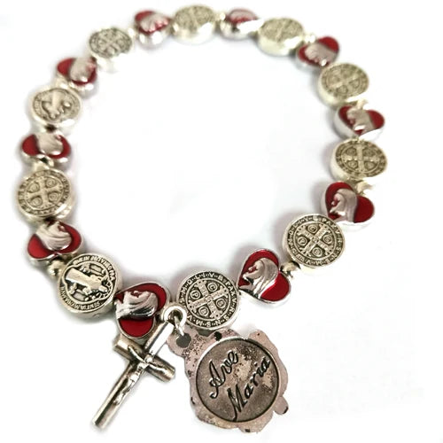 St. Benedict Medal and Red Heart Shaped Medal Bracelet With Cross and Maria Dedal