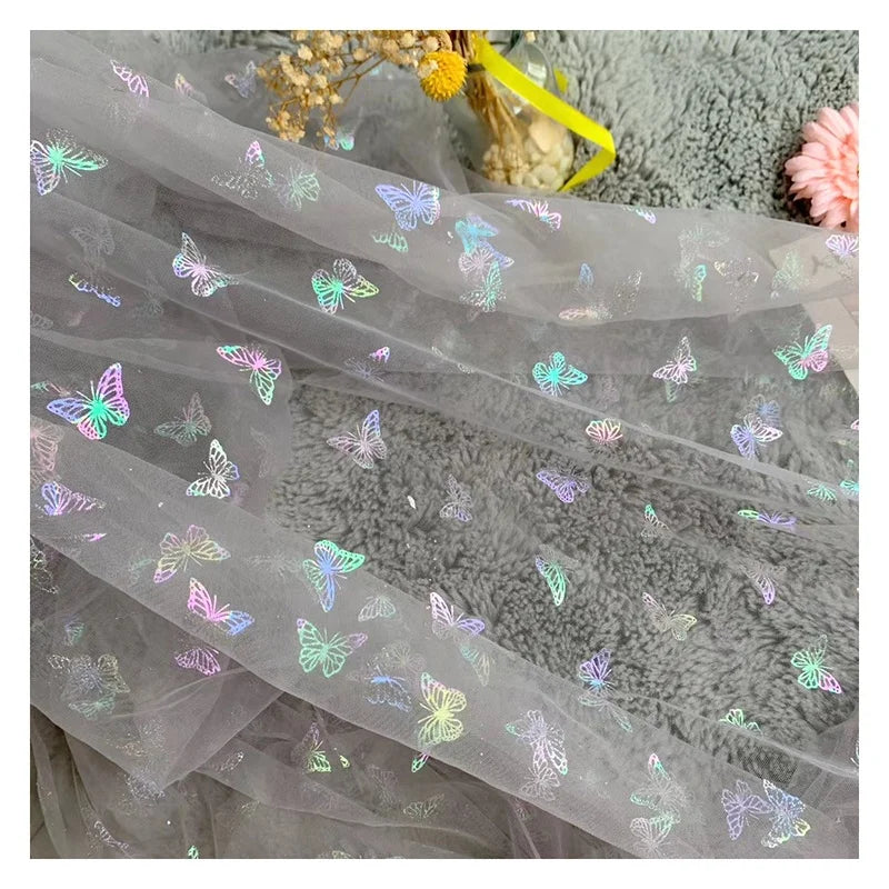 DX128 Stock Light Pink Polyester Tulle Fabric with Rainbow Color Butterfly Bronzing Net Mesh Fabric Wholesale