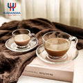 210ml 7oz Premium Customized Logo Lightweight Durable Clear Glass Tea Cups and Saucers Sets of 6 for Hot Latte Beverages
