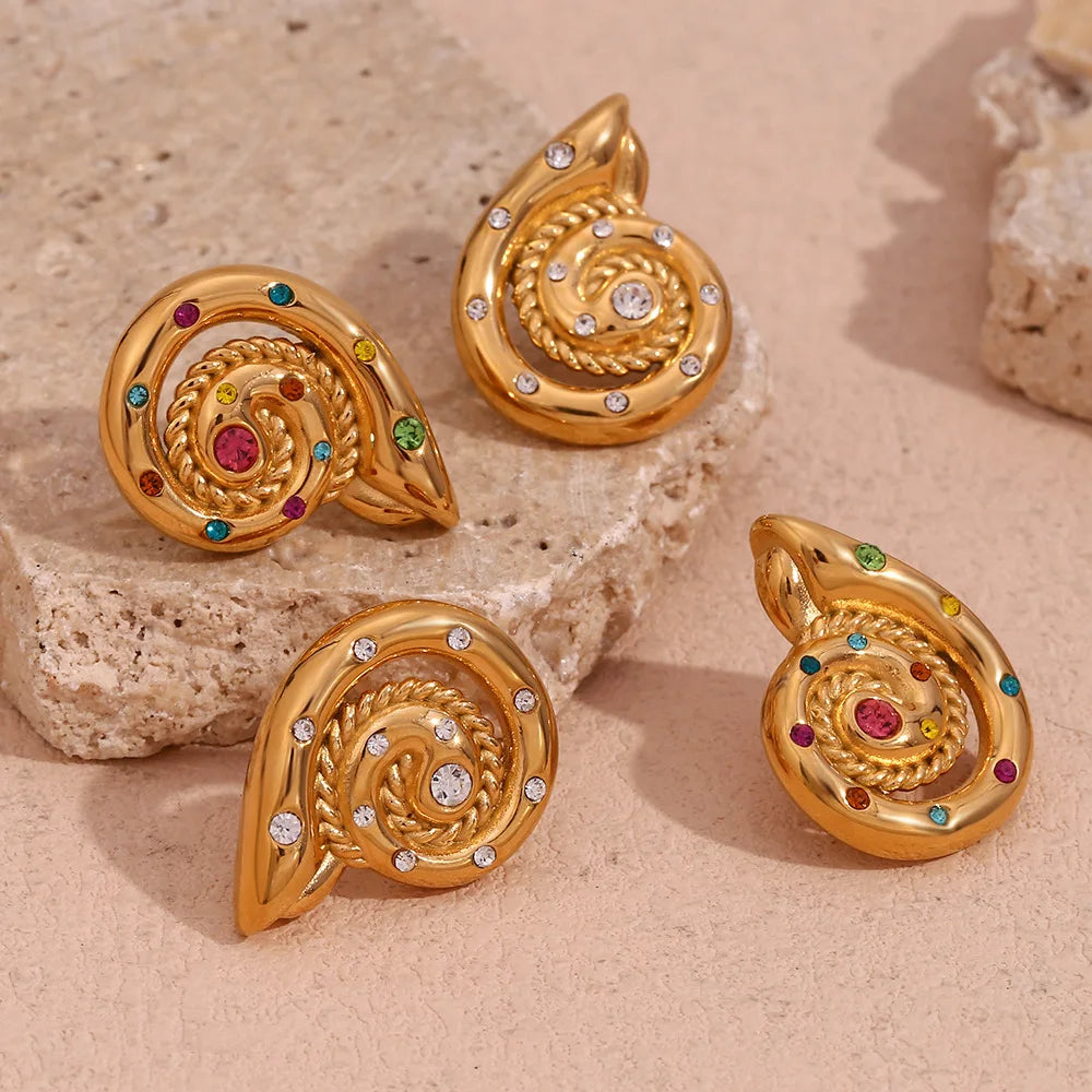 New Design Conch Stud Earrings Colorful Zircon Earring 18k Gold Plated Stainless Steel Jewelry