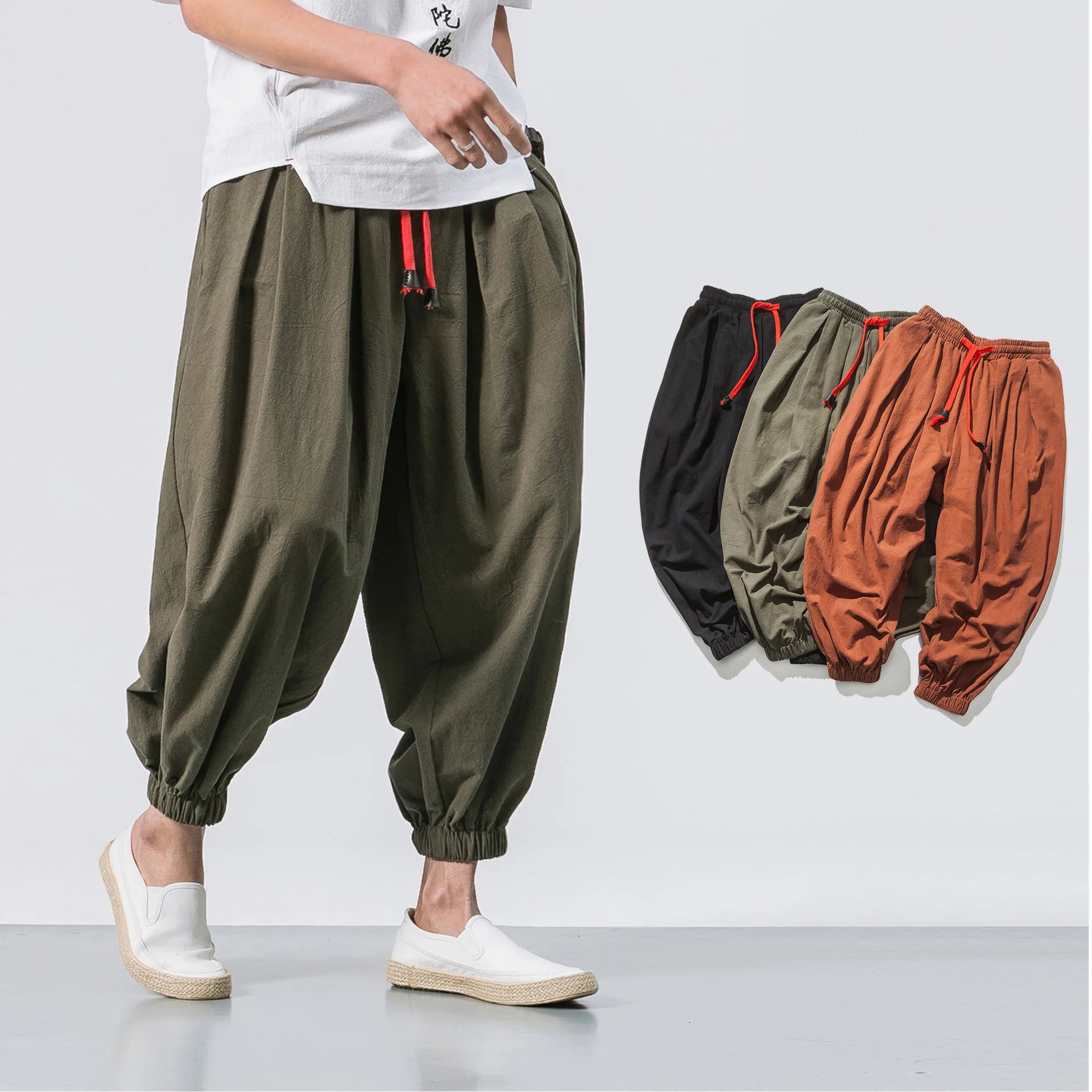 Japanese Style Cargo Pants for Men Linen Casual Nine-Point Loose Wide-Legged Plus Size 5XL Dark Wash Trendy Brand