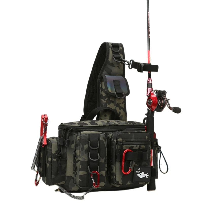 Large Capacity Camouflage Waterproof Nylon Fishing Bag Multifunctional Outdoor Fishing Travel Camping with Fishing Rod Durable
