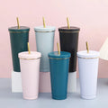 750ml Thermos Cup Stainless Steel Car Tumbler Double Wall Gold Rim Water Mug with Lid and Straw