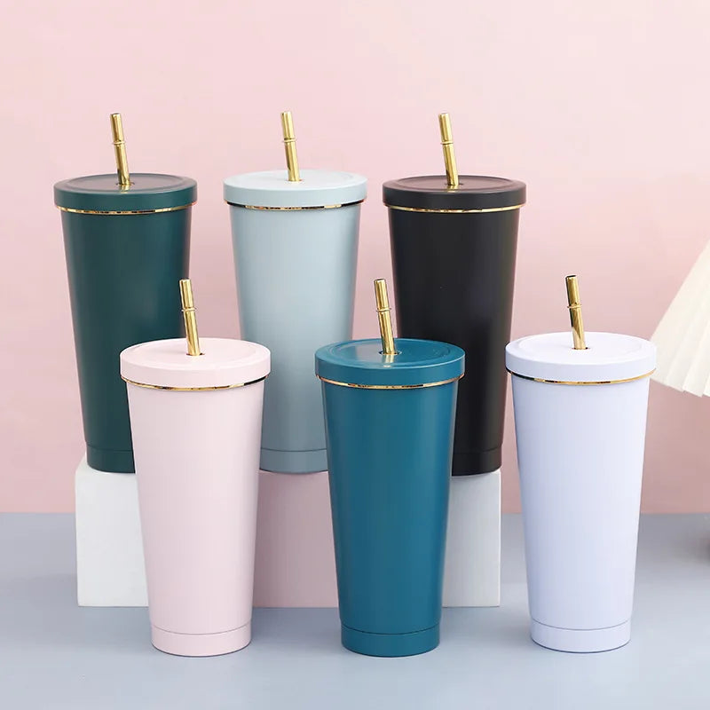 750ml Thermos Cup Stainless Steel Car Tumbler Double Wall Gold Rim Water Mug with Lid and Straw