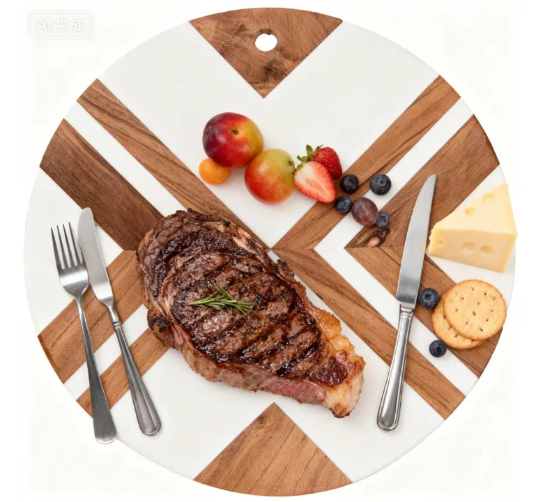 Acacia Wood and White Marble Cheese Cutting Board with Handle Serving Tray Charcuterie Platter