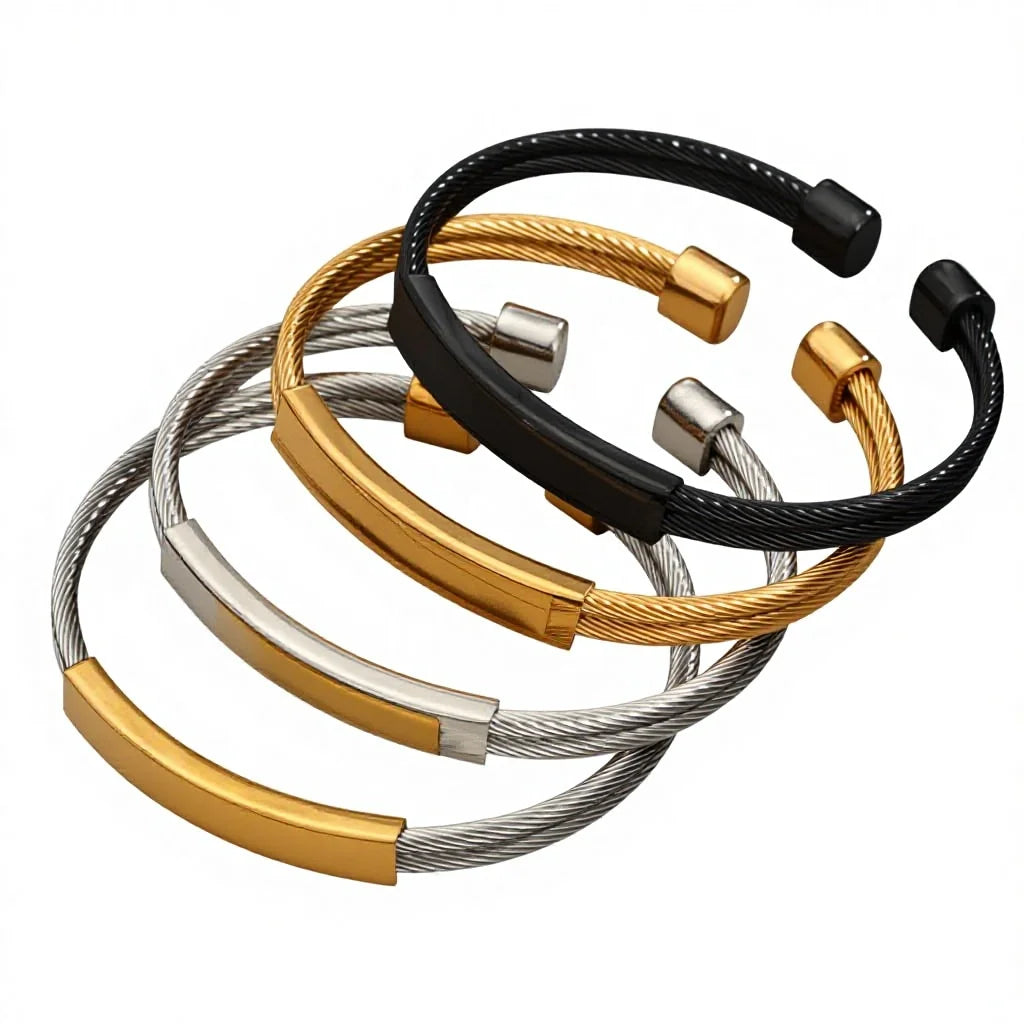Wholesale Personalized Punk Style 18K Gold-plated Stainless Steel Cable Open Bracelet DIY Carved LOGO Men's Fashion Gift Jewelry