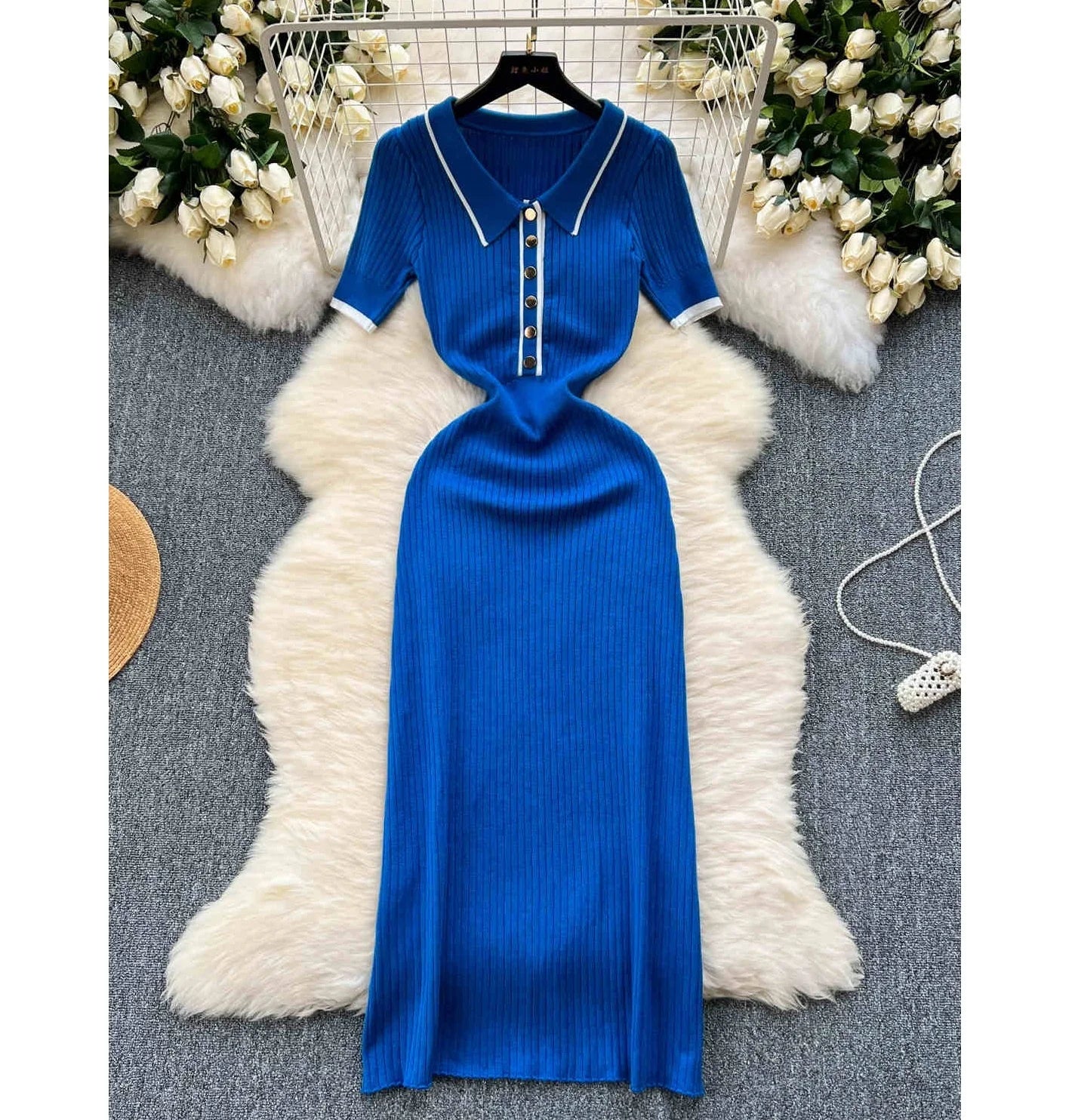 Knitted Short Sleeve Slim Solid Color Ol Simple Tight Dress Women