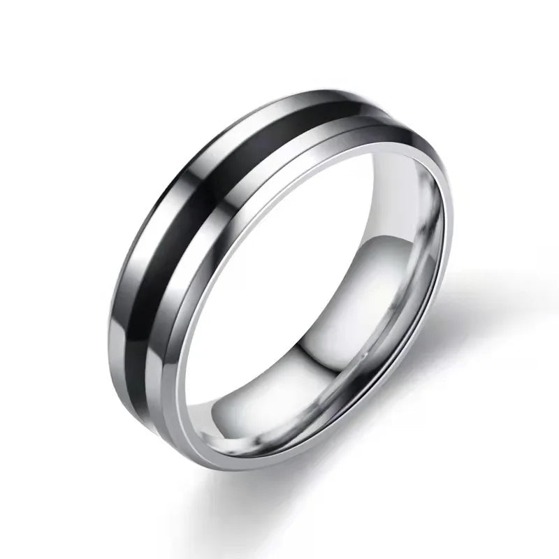 Black Enamel Non Tarnish Bright Beveled High Polish Jewelry 6mm Beveled Black Enamel Inlay Flat Stainless Steel Band Ring