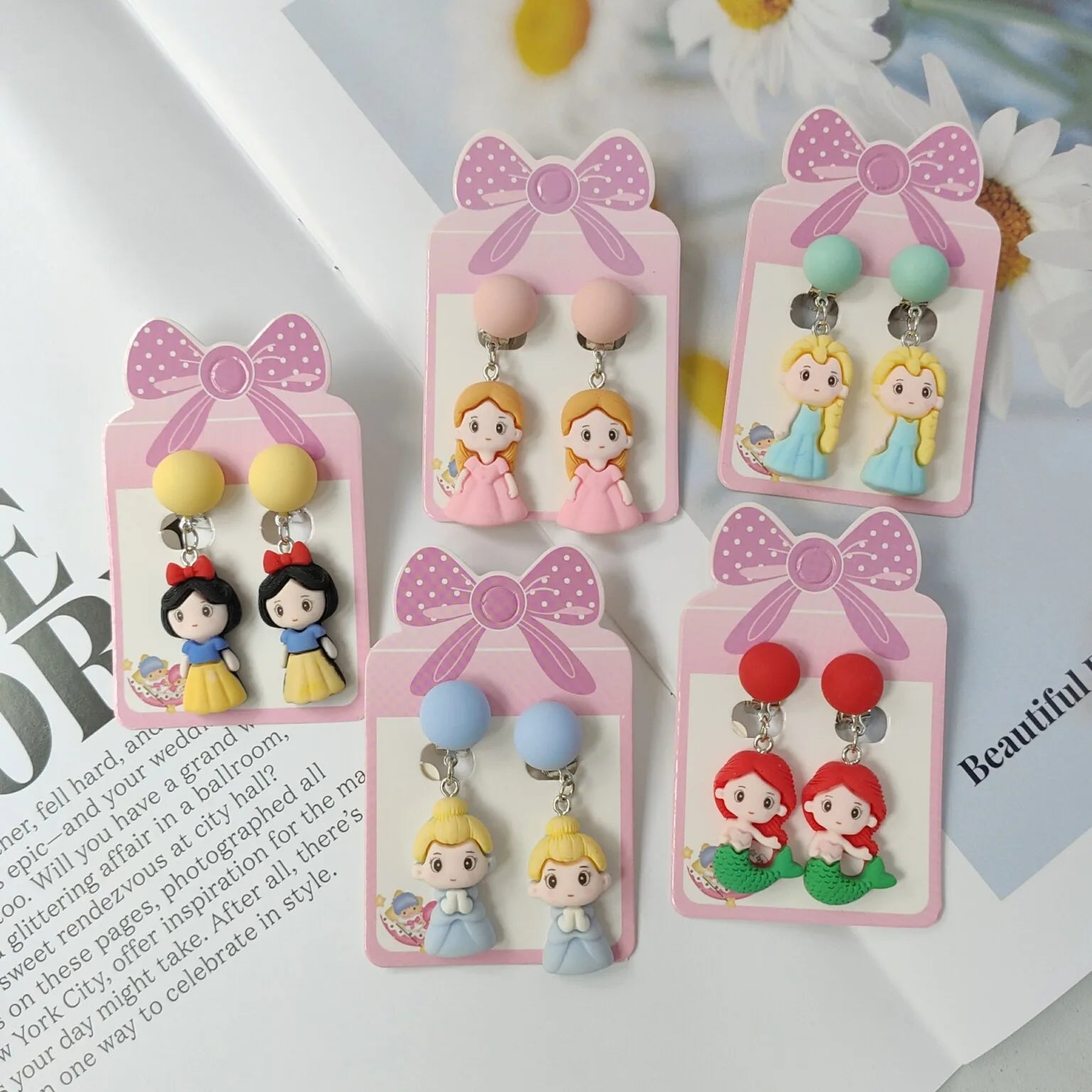 New Design Cute Cartoon Princess Clip on Kids Earrings Resin Jewelry for Girls
