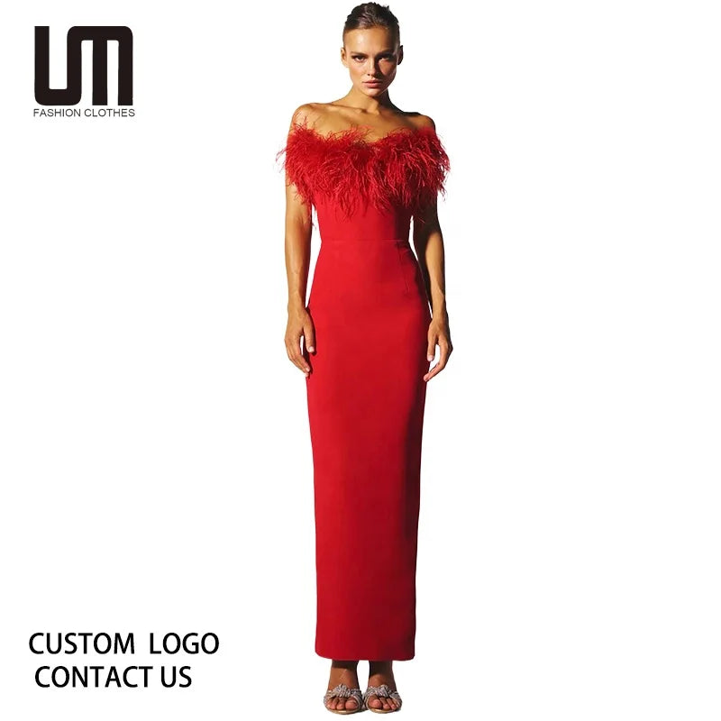 Liu Ming Valentines Day Gift 2024 Elegant Sexy Strapless Feather Party Lady Skinny Long Evening XS Dress