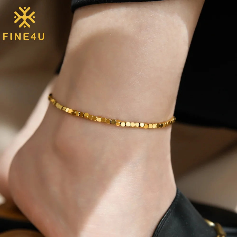 Summer Beach Waterproof Ankle Bracelet 18K Gold Square Bead Stainless Steel Fashion Jewelry Anklets for Women