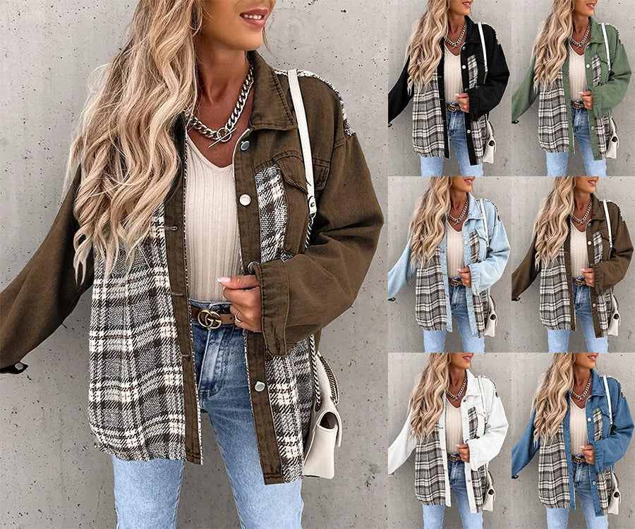 Autumn and Winter Denim Jacket Long Sleeve Plaid Button-down Shirt Jackets for Women 2023