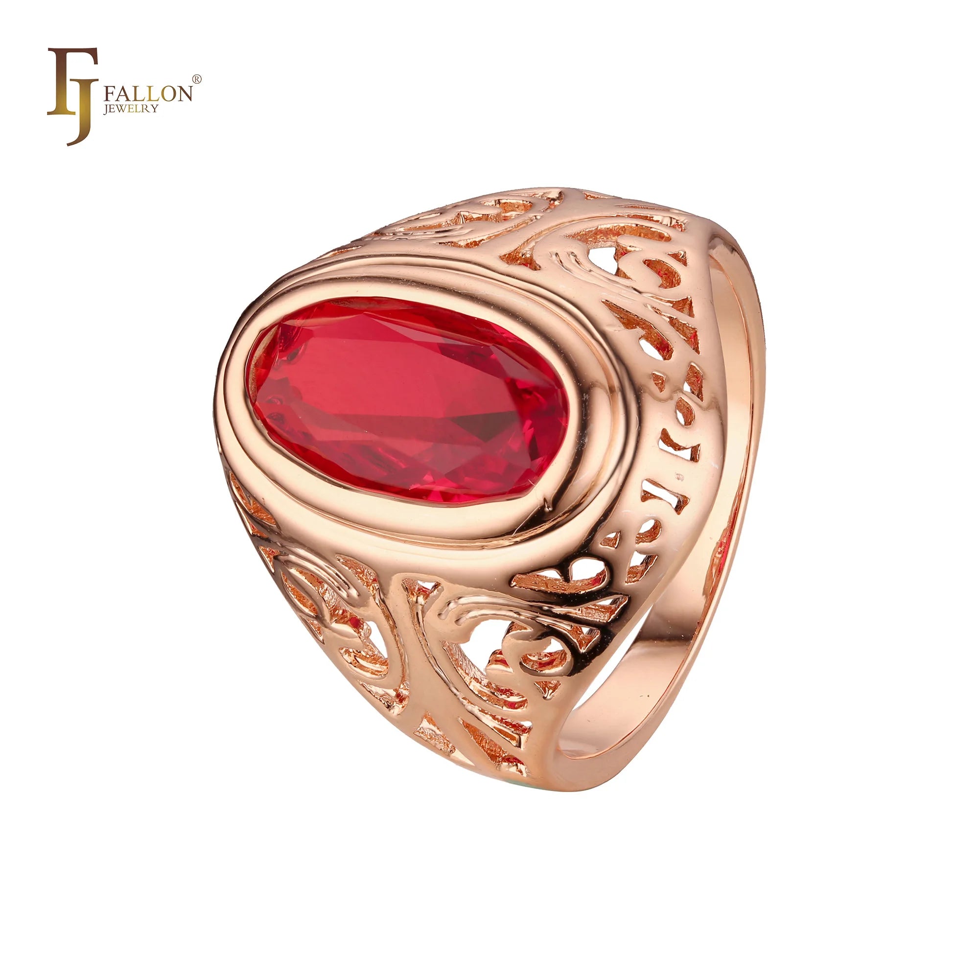 FJ Fallon Fashion Jewelry Oval Big Red CZ Russian Solitaire Engagement Rings Plated in Rose Gold