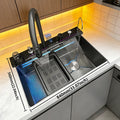 Stainless Steel Multifunction Kitchen Sink Waterfall Digital Display Large Size Single Slot Wash Dish and Vegetables Basin