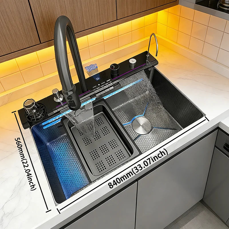 Stainless Steel Multifunction Kitchen Sink Waterfall Digital Display Large Size Single Slot Wash Dish and Vegetables Basin