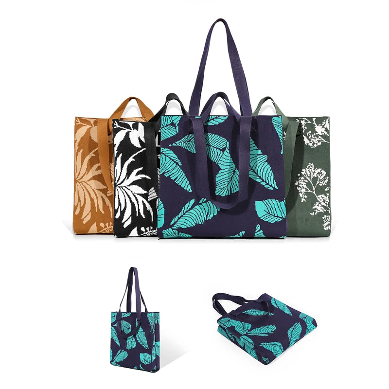 Women's Casual Leaf Pattern Open Top Large Capacity Knitted Beach Bags Portable Polyester Fashionable Shoulder Shopping MINYUAN MegaBDM