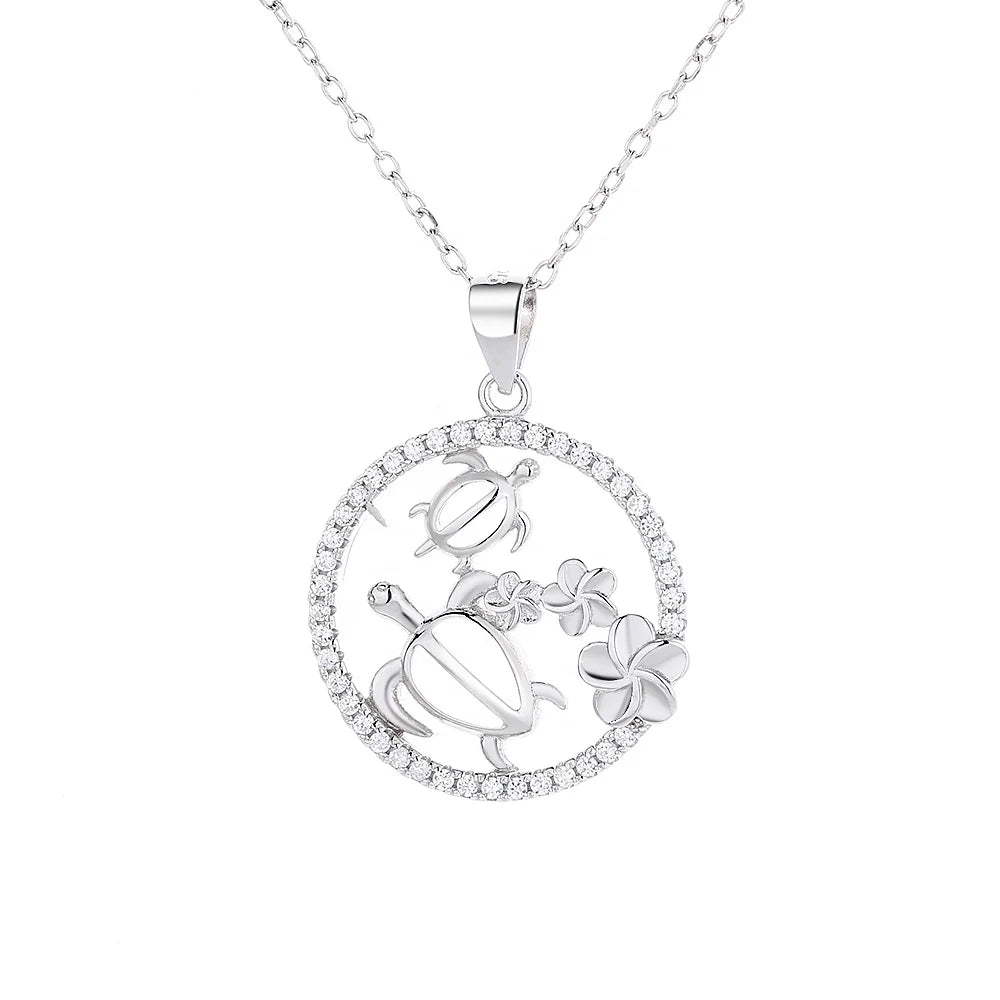 Ocean Series Lustrous and Excellent Sterling 925 Silver  Flower Shape Double Turtle Pendant Necklace