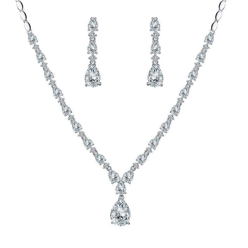 Weiman Top Quality 3A Cubic Zirconia Water Drop CZ Necklace and Drop Earring Bridal Wedding Jewelry Sets