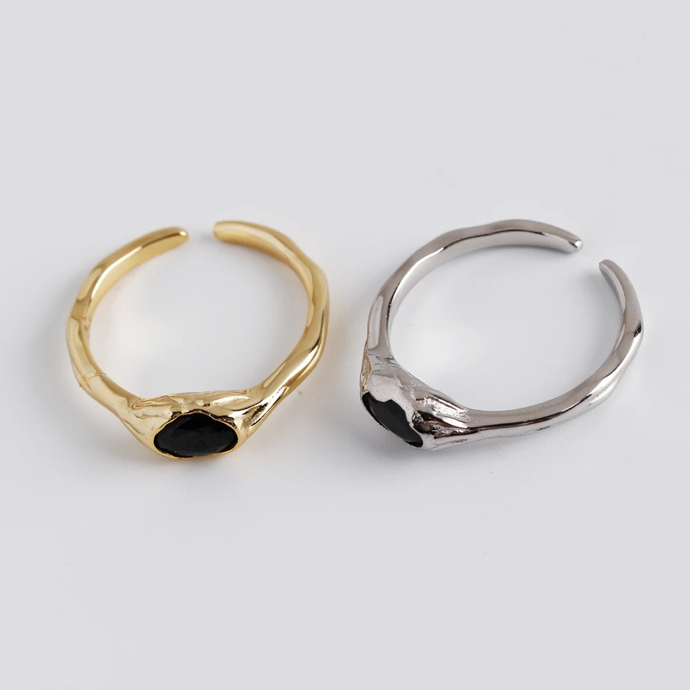 Ins Fashion 925 Silver Irregular Black Zircon Jewelry 18K Gold Plated Sterling Silver Opening Ring for Women