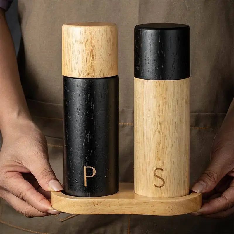 Custom Logo Adjustable Coarseness Wooden Salt and Pepper Grinder Manual Wood Pepper Mill Set with Tray