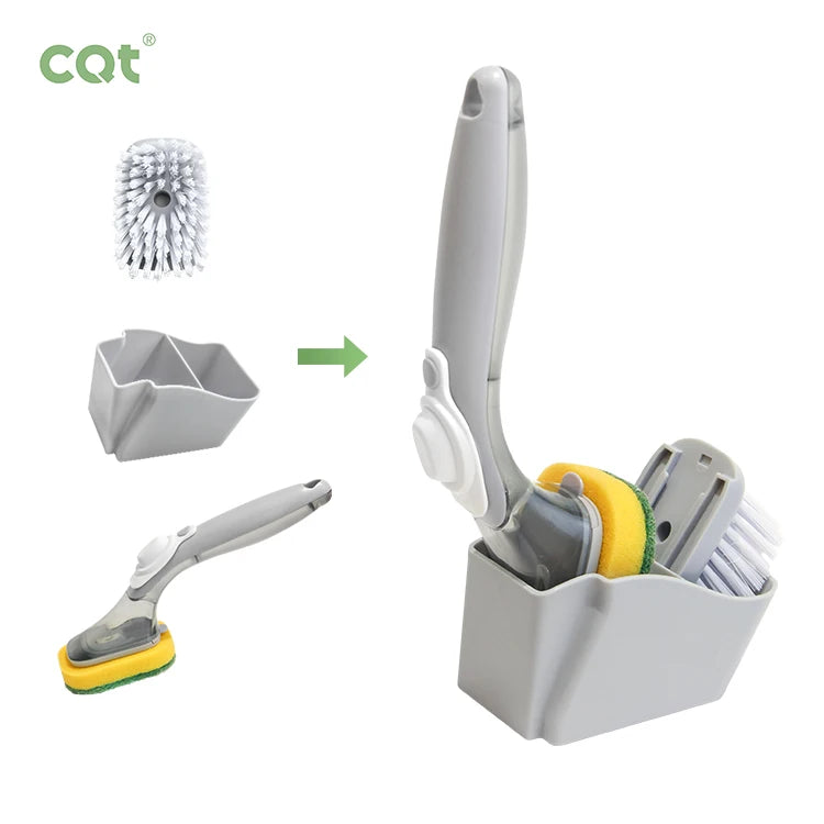 Kitchen Sink Cleaning Brush Replaceable Heads Plastic Soap Dispenser Hand Design Style Sponge Material for Dishwashing Cleaning