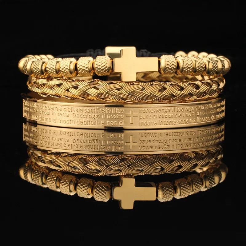 Luxury Fashion 3pcs Set 18K Gold Plated Twisted Cable Adjustable Cuff Stainless Steel Roman Numeral Bangle Bracelet Gifts