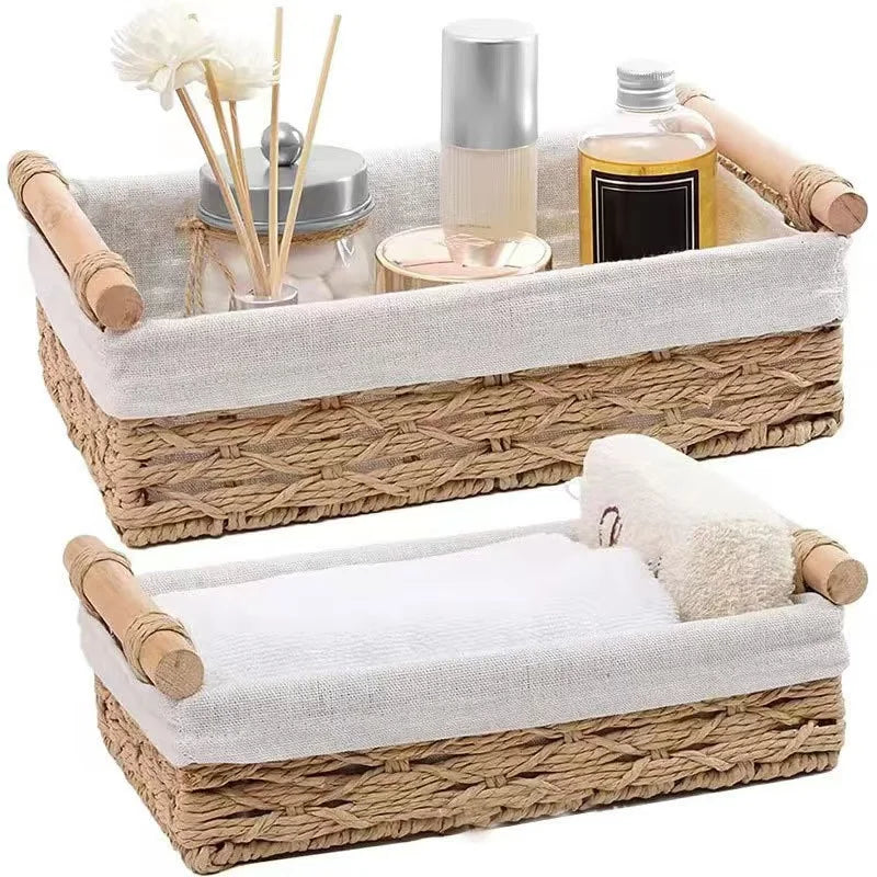 Set 2 Nanture Paper Straw Handwoven Storage Basket With Wooden Handle for Bathroom