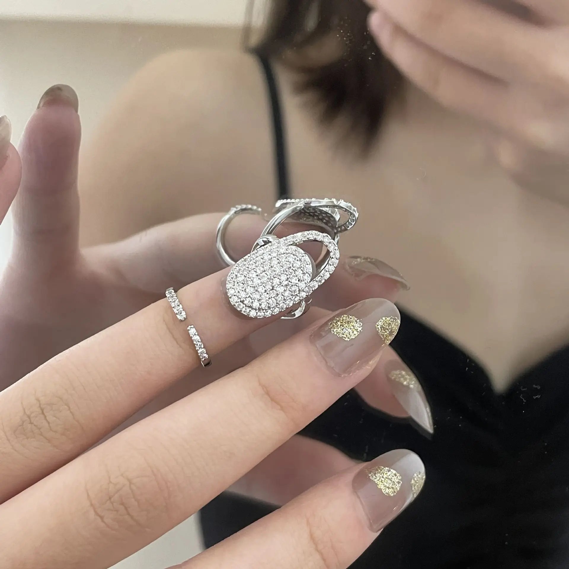 Concave Shaped Jennie Signature Zircon Finger Sleeve Tail Ring Western Small Group Individual Opening Finger Ring for Female