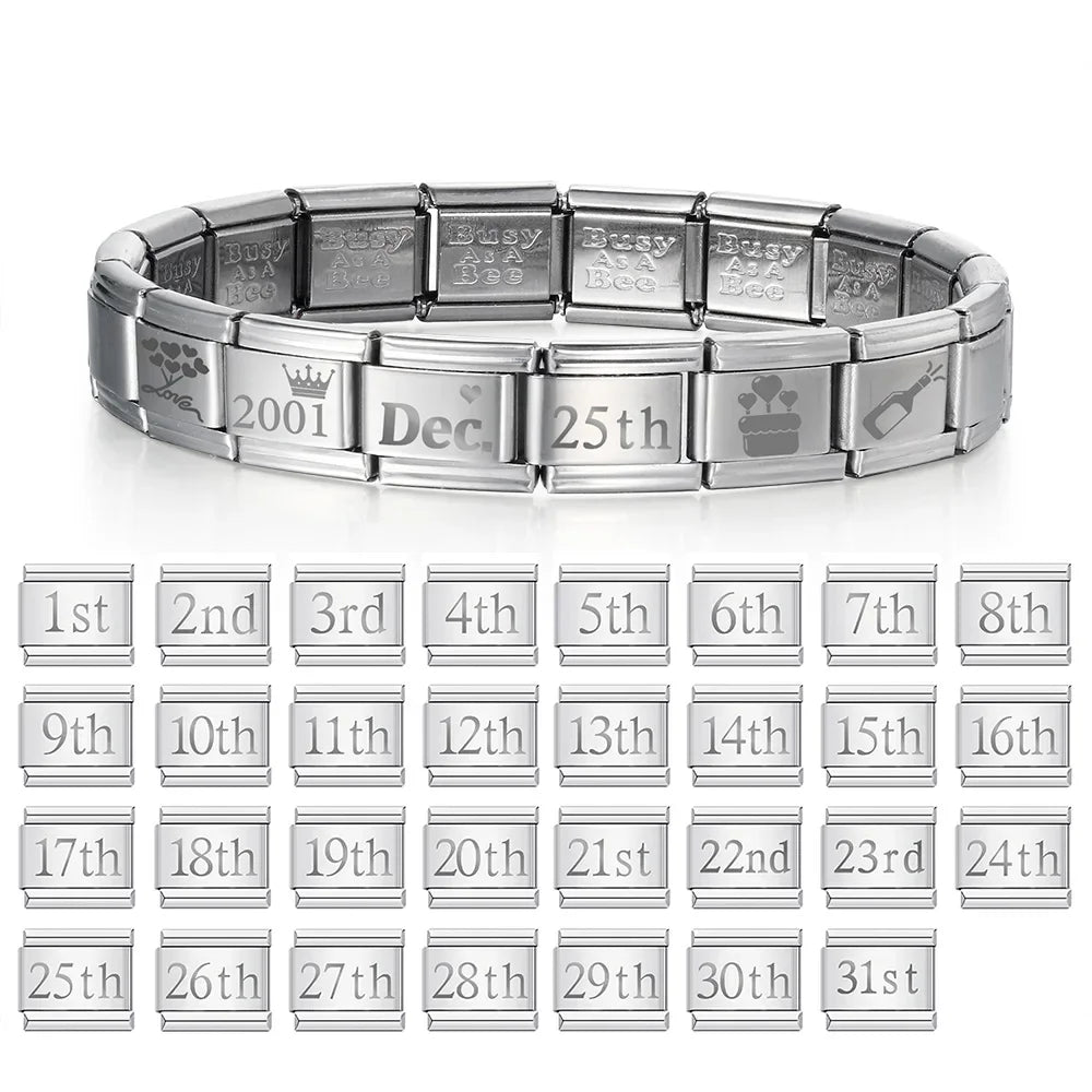 Italian Charm Laser Engraving Date Stainless Steel Charm Bracelet 9mm DIY Elastic Link Chain Jewelry Accessories Gift  Bracelet