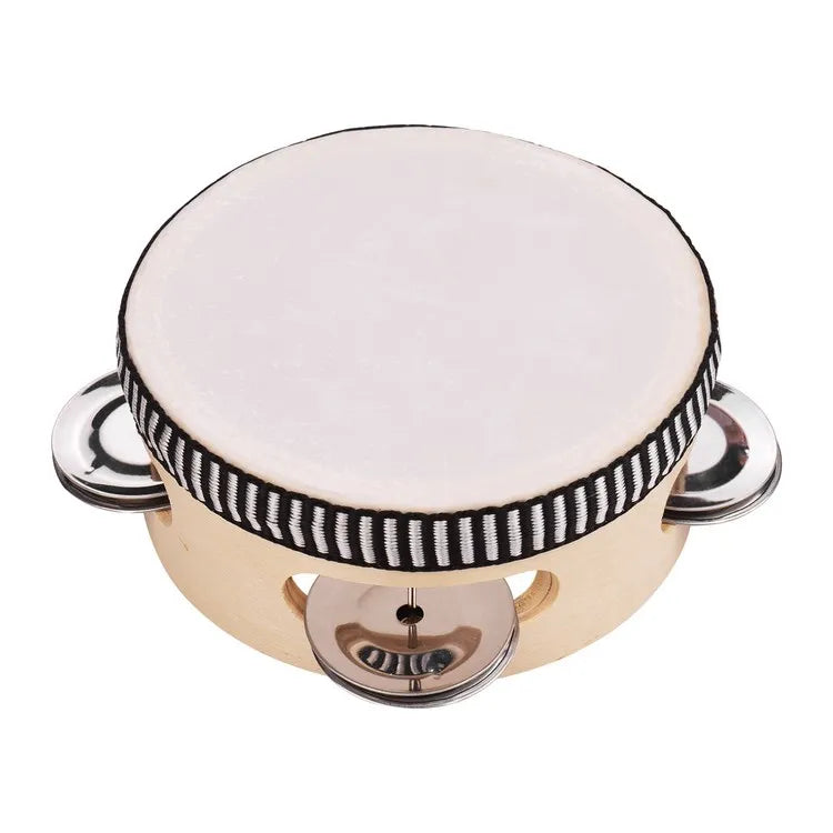 4 Inch Wooden Hand Tambourine with Metal Single Row Jingles Polyester Drum Skin Tambourines Entertainment Musical Timbrel