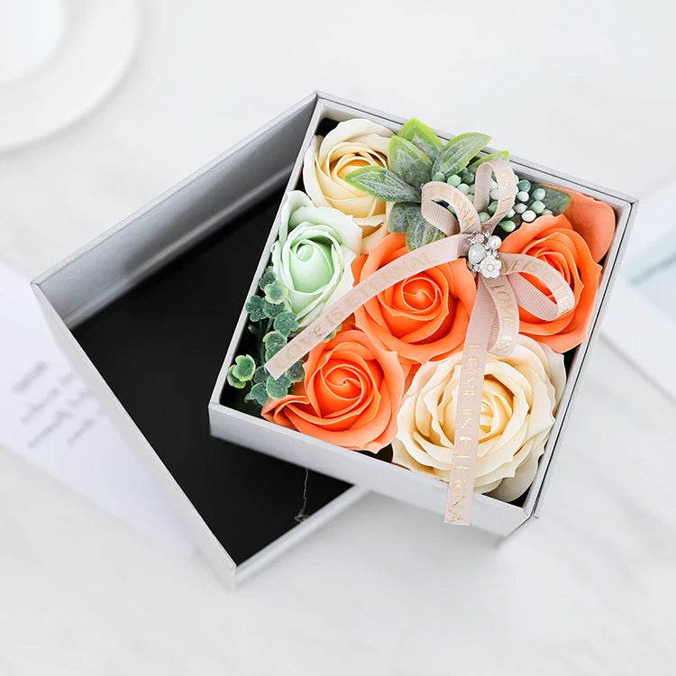 Hot Sale Orange Rose Artificial Flowers Soap Roses Head in Rotatable Gift Box Luxury Can Collecting Jewelry