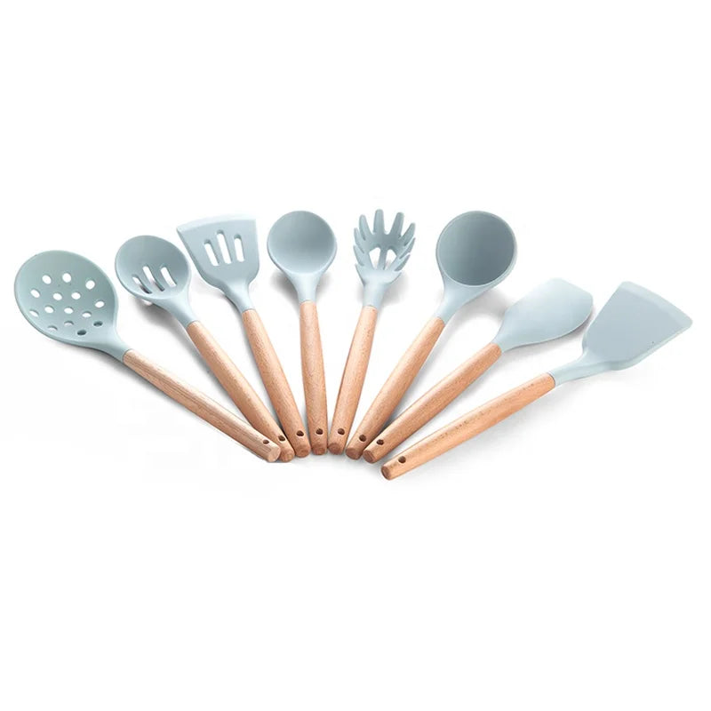 Eco-Friendly Kitchenware Set with Wood Handle Heat Resistant Silicone Solid Spoons for Home Cooking Box Packing