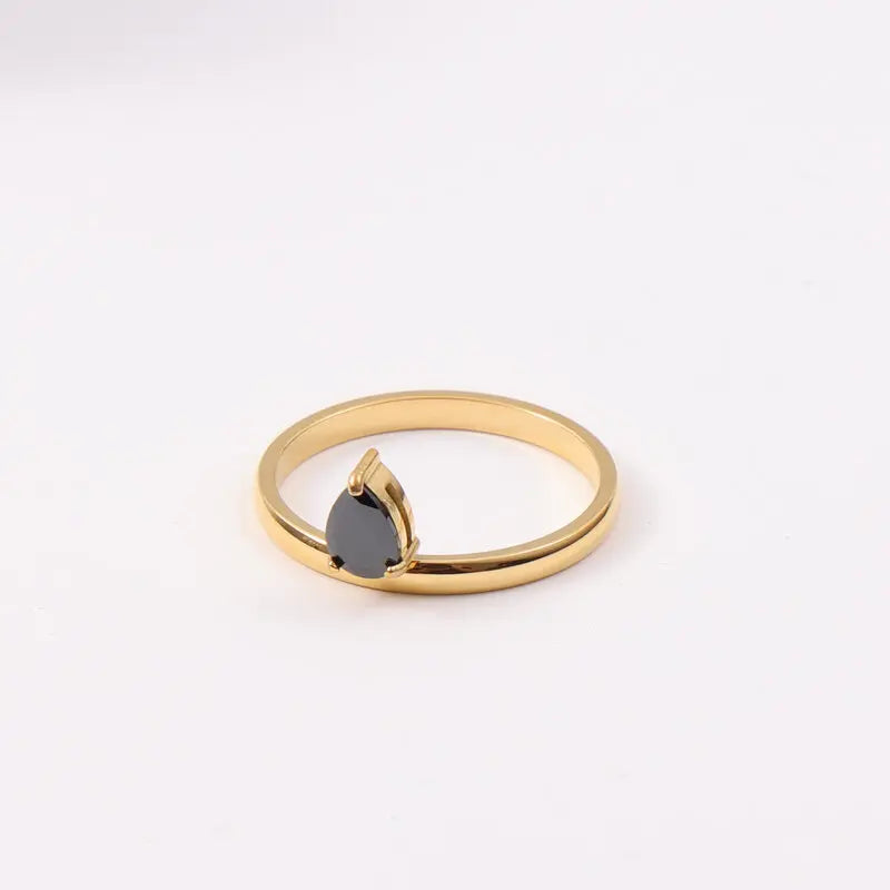 Joolim High End 18K Gold Plated Stainless Steel Skew Water Drop Black Zirconia Rings for Women Finger Ring Wholesale