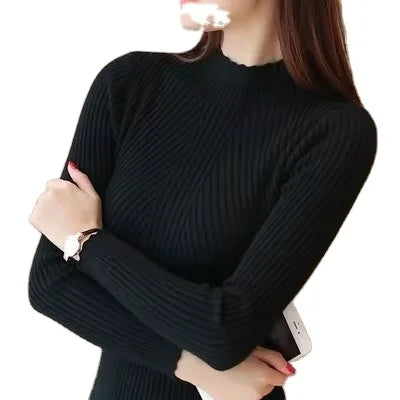 One Size Autumn Winter Lace Half High Neck Sweater Women's Long Sleeve Knitted Top Pullover Versatile Underlay