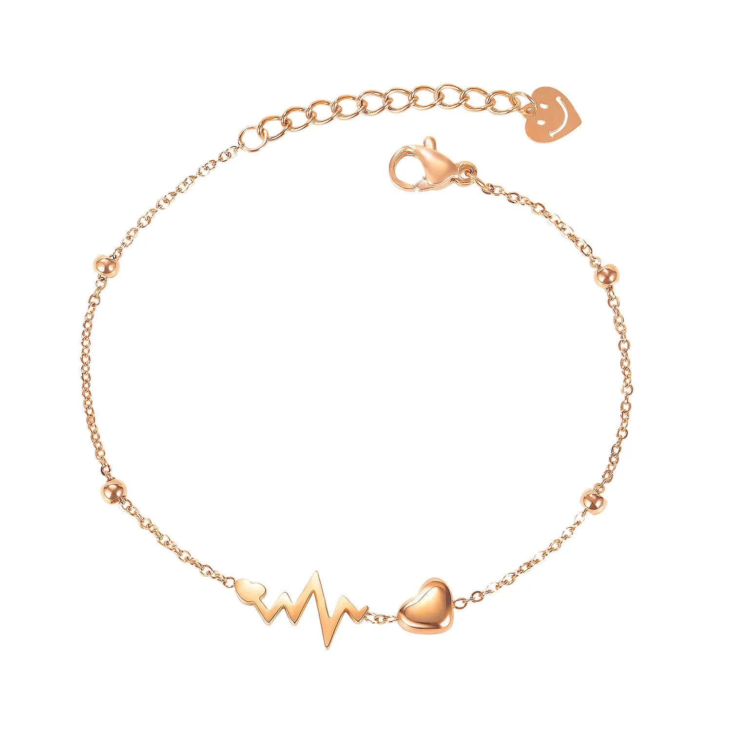 Delicate Stainless Steel Love Heart  Charm Bracelet Rose Gold Link Chain Heart Rhythm Bangles for Men and Women