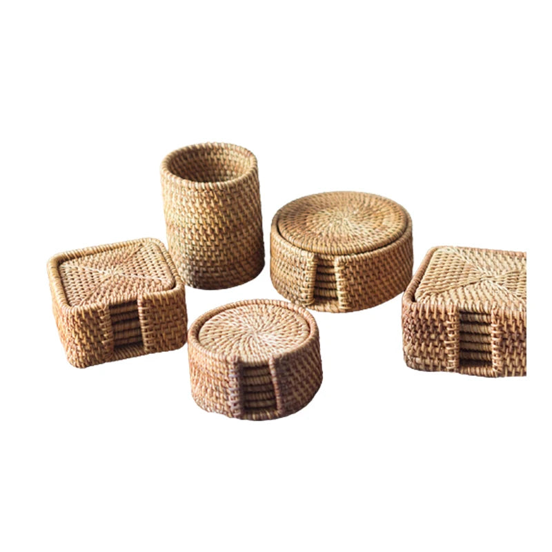 2025 High Quality  Hand Woven Rattan Place Mats Round Square Braided Straw Placemats Table Mats Cup Coasters Wheat Straw Coaster