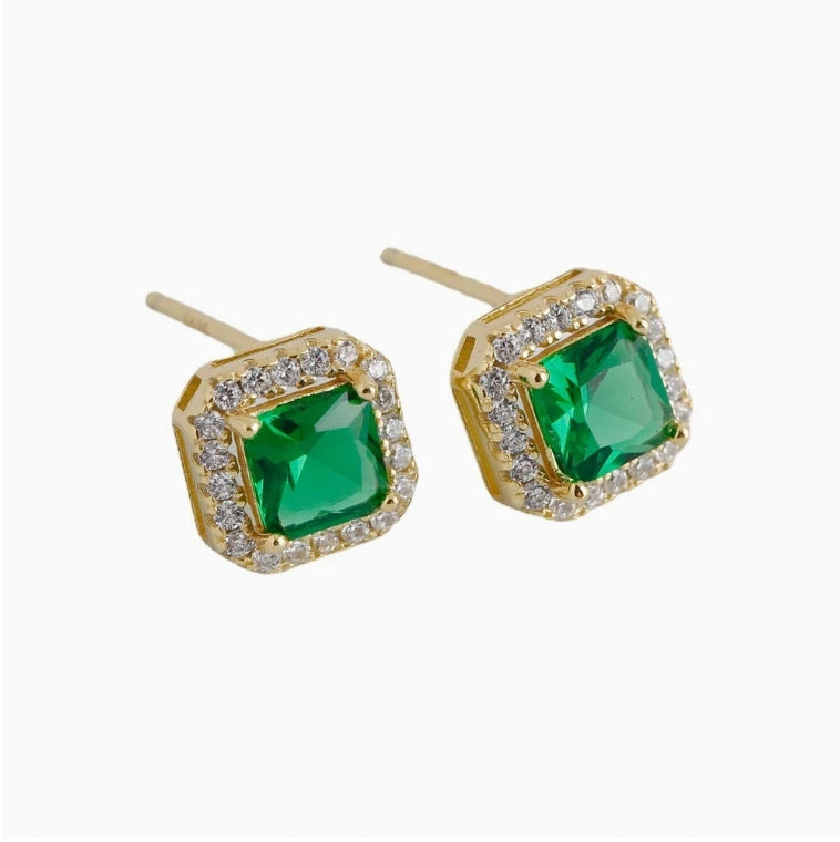 Vintage 925 Silver Jewelry Square Crystal Stone CZ Paved Stud Earrings Cubic Zirconia  Luxury Earrings Women