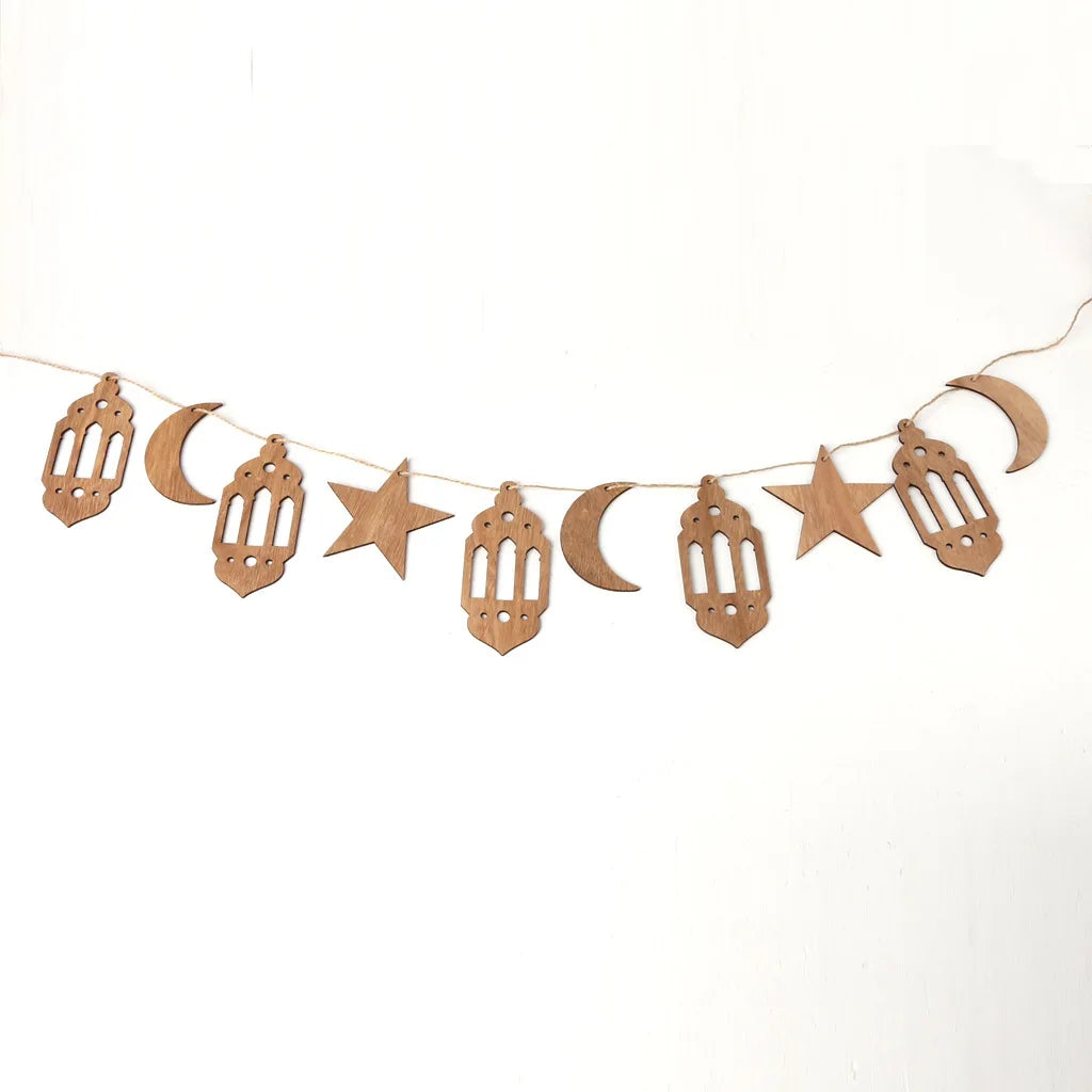 Eid Decoration Ramadan Mubarak Wooden Banner Ramadan Mubarak Decoration Moon Star Lantern Banner