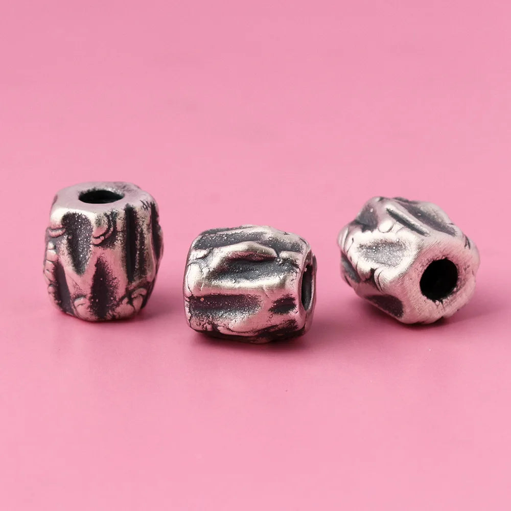 Retro S999 Sterling Silver Handmade Large Hole Stump Spacer Beads for Men Jewelry Making Supplies 10mm
