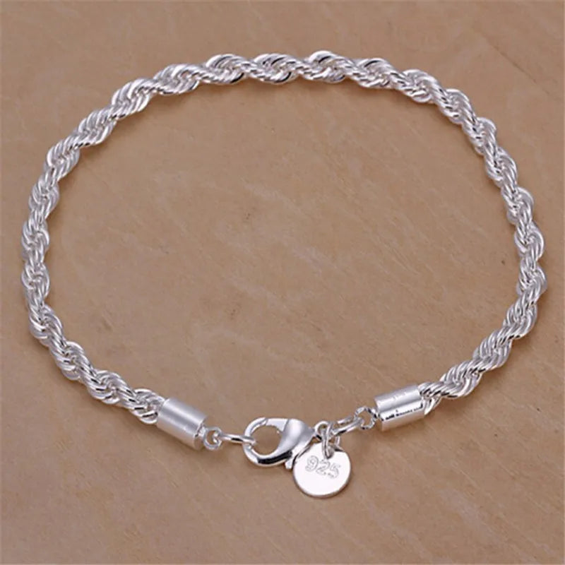 Fashionable Bohemian 4mm Twist Chain Rope Chain Bracelet Alloy Plated Silver & Rhodium Plated with Zircon Women's Jewelry Gift