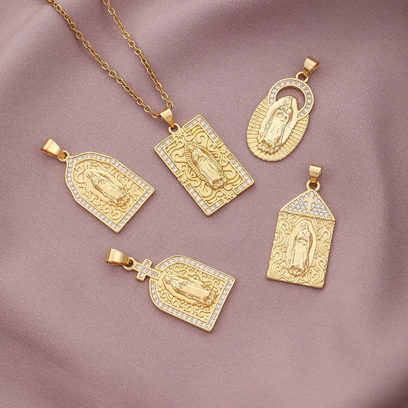 2025 New Catholic Religious Gold Plated Micro Pave Crystal Cubic Zircon Stainless Steel Link Chain Cross Virgin Mary Necklace