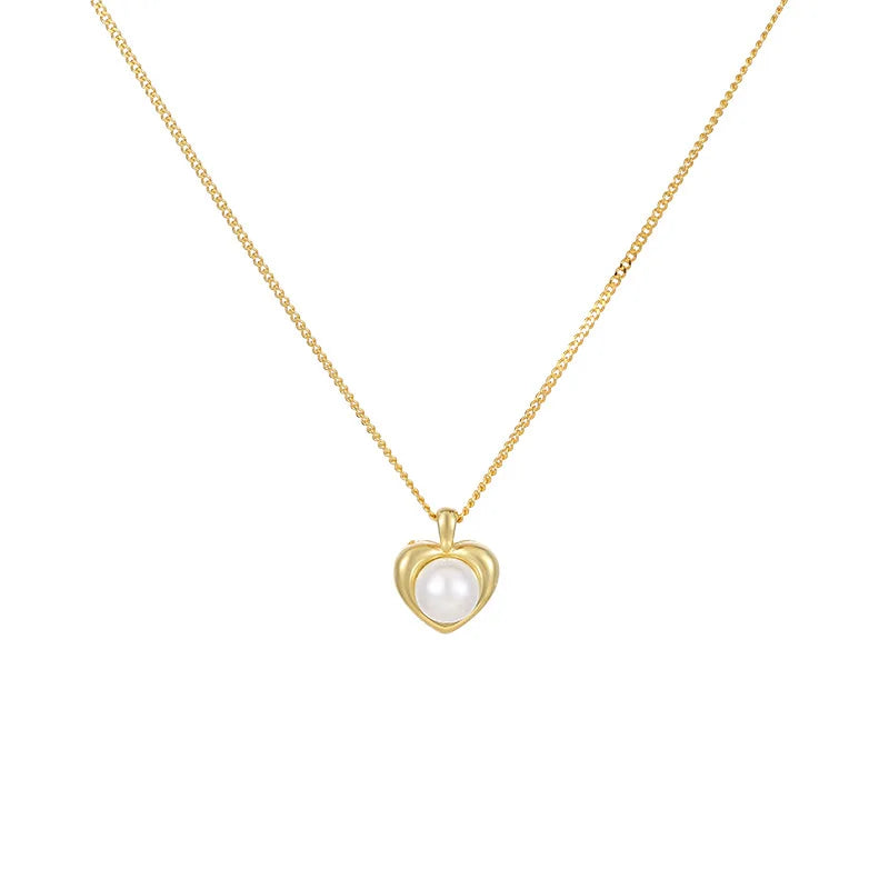 Fashion Minimalist Jewelry 925 Sterling Silver Heart Round Pearl Gold Plated Necklaces for Women Mother's Valentine's Day Gifts