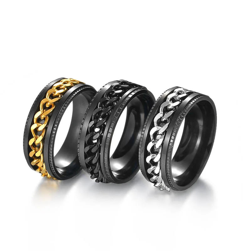 Stainless Steel Chain Spinner Ring for Men Blue Gold Black Punk Rock Rings Accessories Jewelry Gift