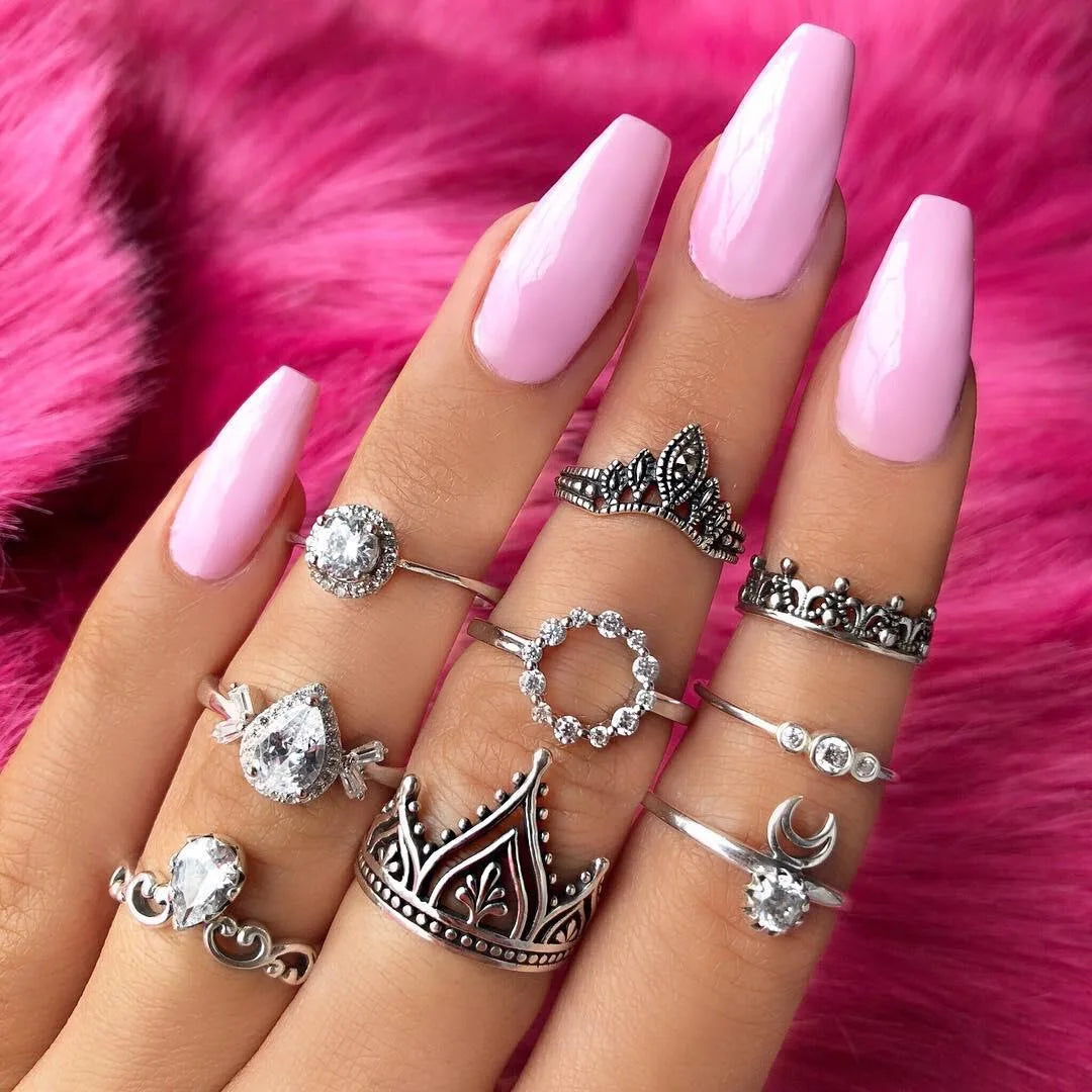 Bohemia Fashion Boho Crystal Pearl Crown Star Ring Set for Women Geometric Knuckle Finger Rings Female Trendy Party Jewelry