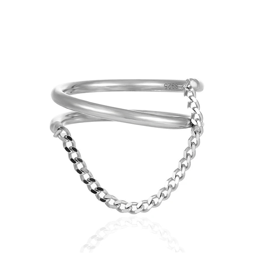 Spring With Chain Ring  Trendy Adjustable Finger 925 Silver Ring for Women