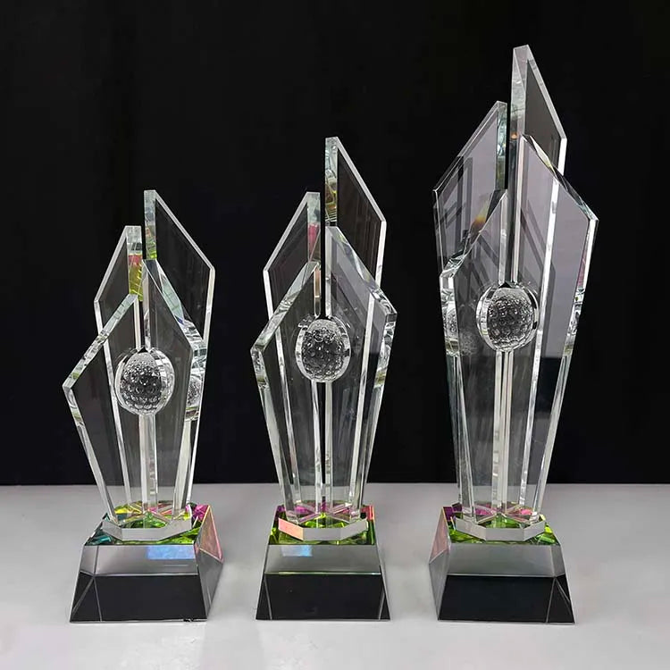 Glass Crystal Golf Ball Sports Trophy with rainbow Base MH-NJ0612