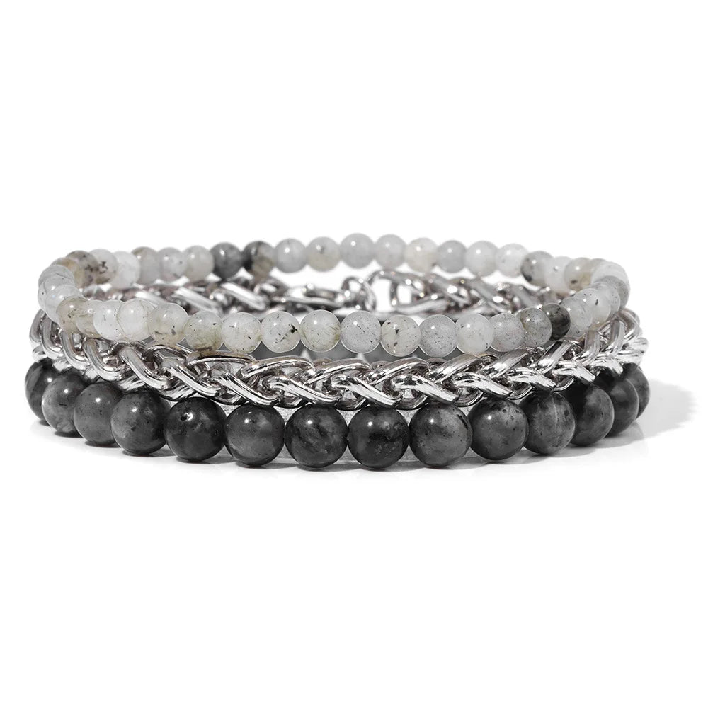 Hip Hop Style Titanium Steel Chain Men's Bracelet Set Trendy Natural Healing Crystal Quartz Stone Beads for Gift or Party
